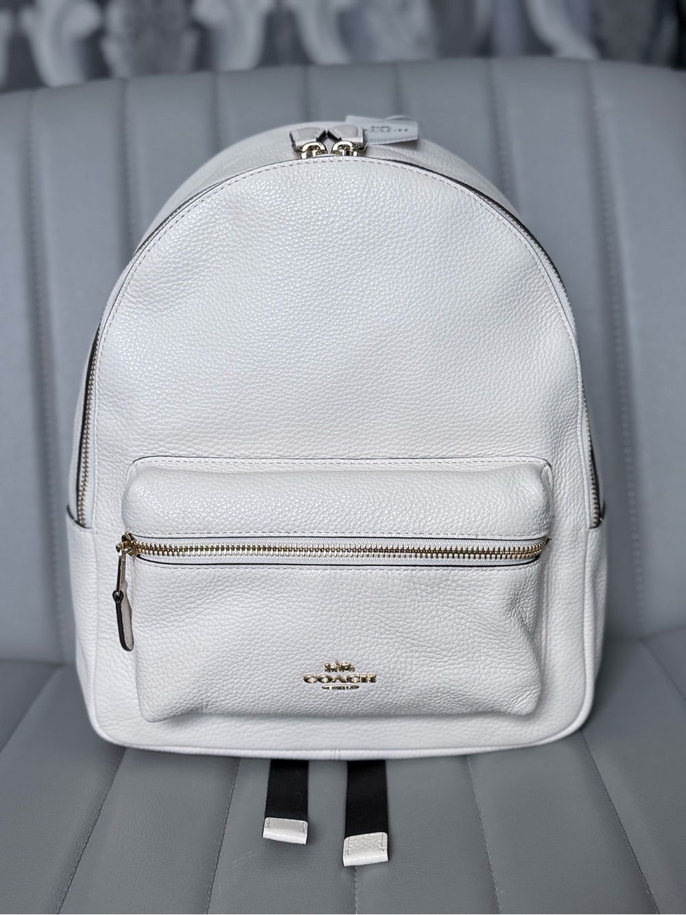 Coach Full Size Charlie Cream Pebbled Leather Backpack with Gold Hardware NWT